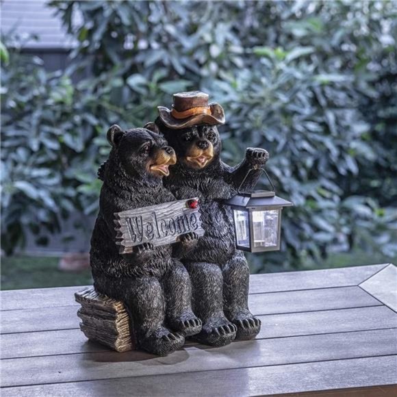 15" Tall Outdoor Bear Couple with Lantern Welcome Sign Statue with Solar LED - Picture 3 of 6